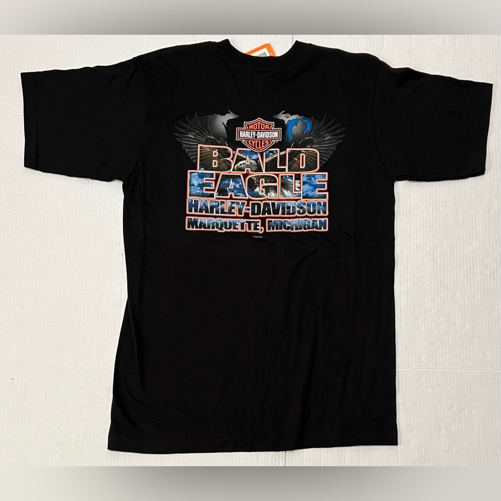 Vintage Harley Davidson Shirt Large Black Marquette Michigan Bald Eagle Usa